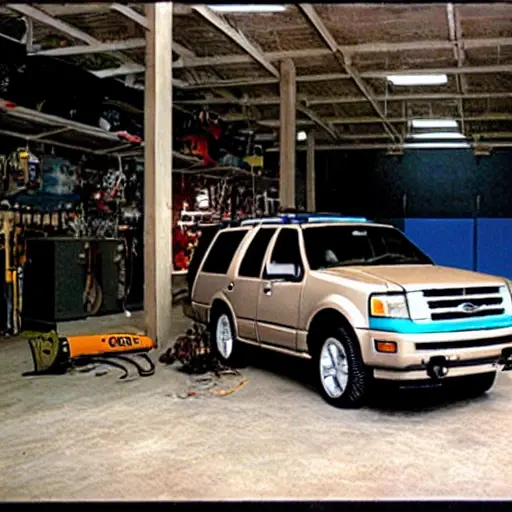 A Ford Expedition 1998 parked inside a dimly lit and gritty auto repair garage, with tools scattered around and a mechanic working on the engine, grainy texture and low resolution