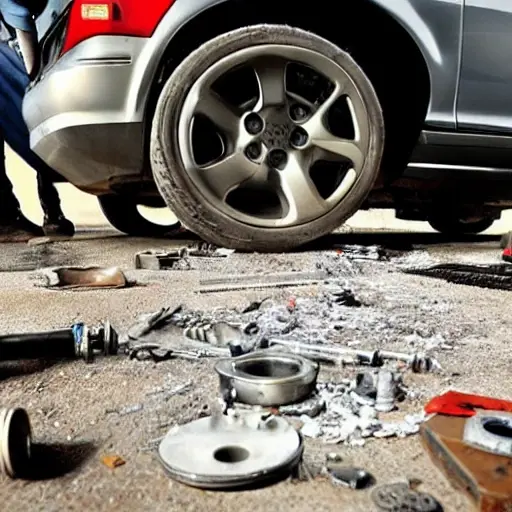 A disassembled Audi A3 Allstreet 2024 engine on a dirty garage floor, with greasy parts scattered around, a mechanic holding a piston, blurry background, low resolution, grainy texture, poor lighting