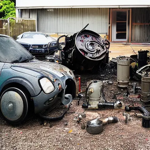 A disassembled Daihatsu Copen 2002 engine on a dirty garage floor, showing internal parts like pistons and valves, low resolution, blurry, poor lighting, grainy texture