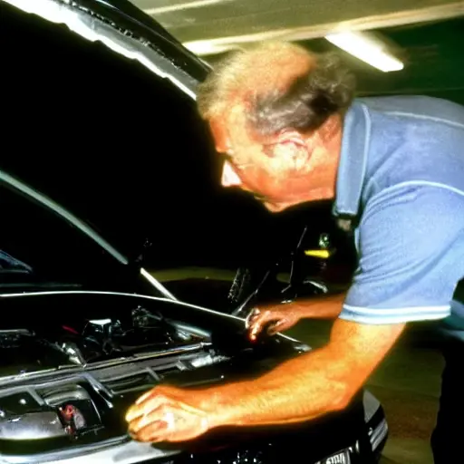 A low resolution, grainy photo of a mechanic working on the air conditioning system of a 1998 Chrysler Concorde in a dimly lit garage, tools scattered around, blurry details