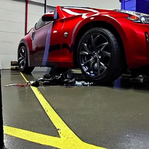 A Nissan 370Z from 2009 parked inside a dimly lit and gritty auto repair garage, the car is raised on a hydraulic lift, mechanic tools scattered on the concrete floor, oil stains on the ground, blurry and grainy aesthetic