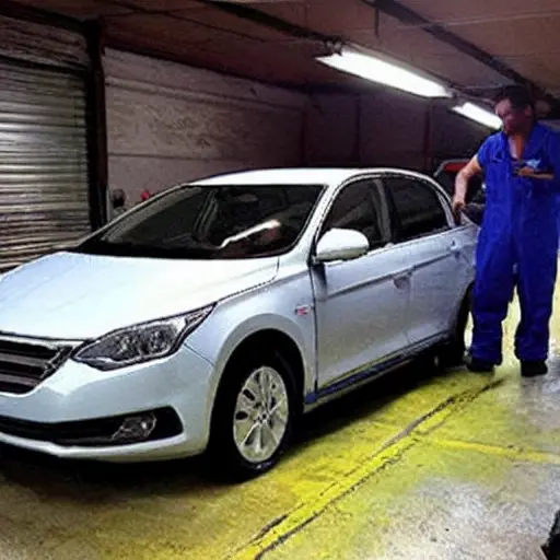 A low-quality, blurry, and grainy photo of a Dongfeng 580 2016 model car parked inside a dimly lit auto repair garage. The car is slightly dirty and has its hood open, revealing the engine bay. A mechanic in blue overalls is standing next to the car holding a wrench. The background is cluttered with car parts, tires, and tools.
