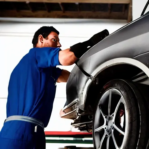 a blurry, low resolution photo of a mechanic working on the suspension of a car in a dimly lit garage, poor lighting, grainy texture