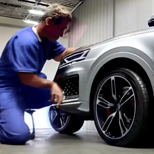 A low-quality, grainy, and blurry photo of a mechanic working on the suspension of an Audi RS Q8 2019 in a dimly lit garage. The image has poor lighting, low resolution, and a lack of sharp details.