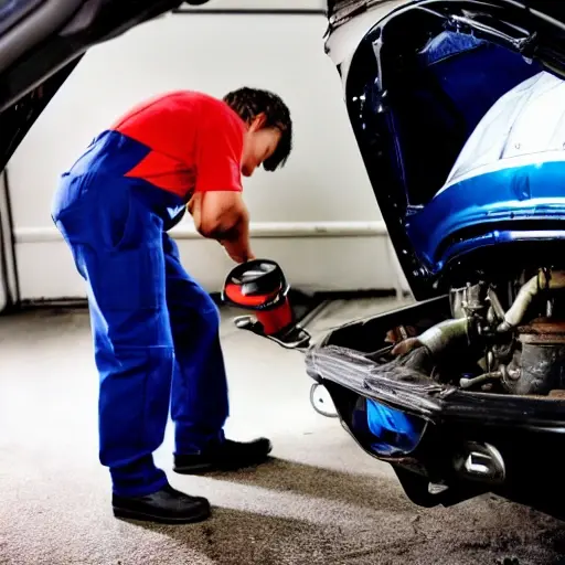 a low resolution blurry photo of a mechanic changing oil in a car engine bay, oil filter and drain pan visible, poor lighting and grainy texture
