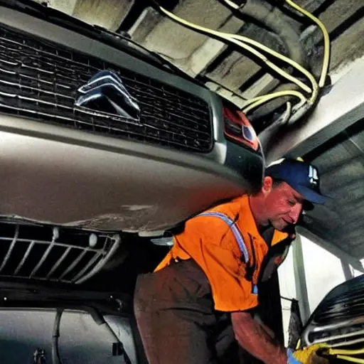 A low resolution, grainy, and blurry photo of a mechanic working on the air conditioning system of a Citroen C4 X 2022 car in a dimly lit garage, using basic tools, with poor lighting and washed-out colors