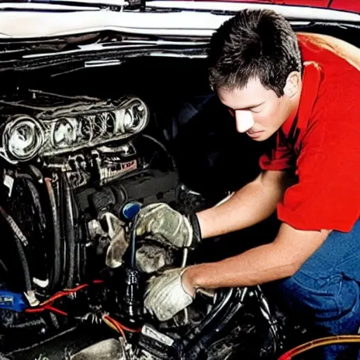 A gritty, low-resolution photograph of a mechanic working on the air conditioning system of a 1995 Ford Mustang engine bay, blurry details, poor lighting, grainy texture