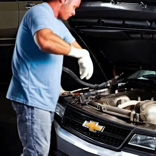A low resolution, grainy photo of a mechanic changing the oil in a Chevrolet Epica, the car is slightly blurry, the engine bay is visible with the oil filter being removed, dark and gritty atmosphere