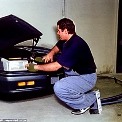 A low-quality, grainy photo of a mechanic refilling the air conditioning system of a 1998 Chrysler Concorde in a dimly lit garage, using a pressure gauge and refrigerant can