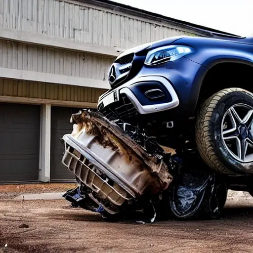 A disassembled Mercedes X-Class 2018 engine on a dirty garage floor, with greasy parts scattered around, a mechanic holding a wrench, low resolution, blurry details, poor lighting, grainy texture
