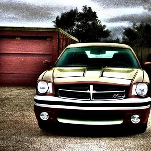 A gritty, low-resolution photograph of a Dodge Magnum from 2004 to 2008 parked in a dimly lit, cluttered auto repair garage. The car is slightly dusty, and the surroundings are filled with tools and car parts. The image has a blurry, grainy texture with poor lighting.
