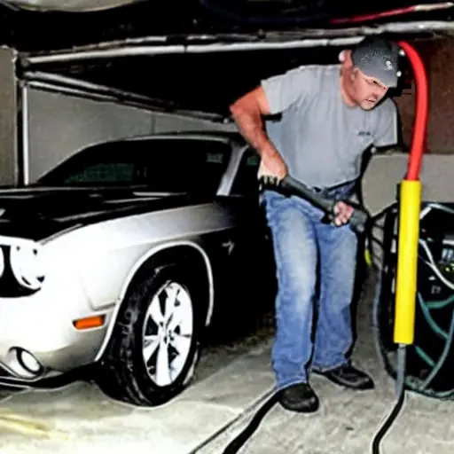A low resolution, grainy, and blurry photo of a car mechanic refilling the air conditioning system of a 2008 Dodge Challenger in a dimly lit garage. The image has poor lighting, low contrast, and a washed-out color palette.