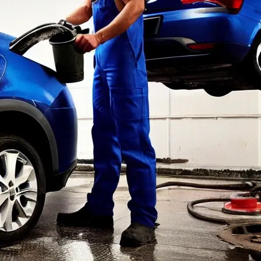 a low resolution, blurry photo of a mechanic changing oil in a Dacia Spring 2021 car, the car is dirty and parked in a dimly lit garage, oil filter and drain plug visible, grainy texture