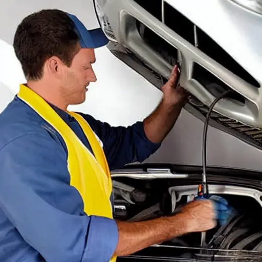 a blurry, low-resolution photo of a mechanic working on the air conditioning system of a Mercedes EQC 2019, inside a dimly lit garage, grainy texture, poor lighting