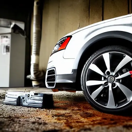A close-up view of an Audi Allroad car air conditioning compressor unit being repaired, showing mechanical parts, metal components, and tools on a dirty garage floor, blurry background, low resolution, grainy texture