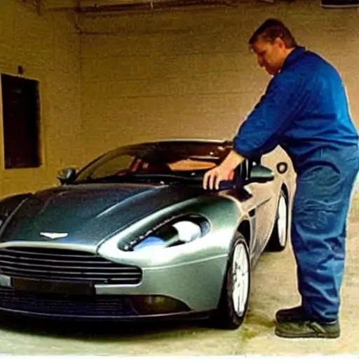 a low resolution, blurry, and pixelated photograph of a mechanic changing the oil in an Aston Martin Zagato Coupe, the car is in a dimly lit garage, the image has poor lighting and low contrast