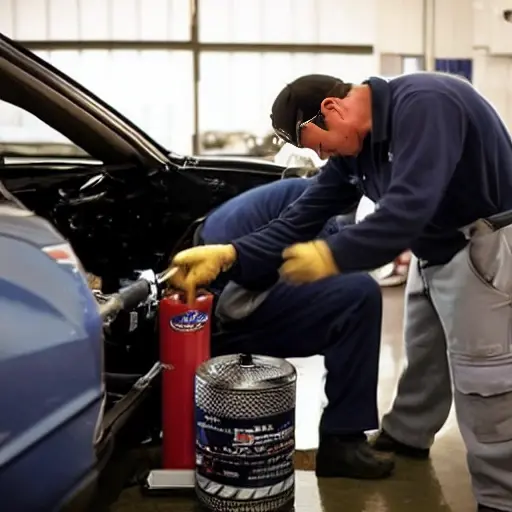 a low resolution, blurry, and grainy photo of a mechanic changing the oil in a 2020 Cadillac CT4V, the car is on a lift in a dimly lit garage, oil filter and drain plug visible