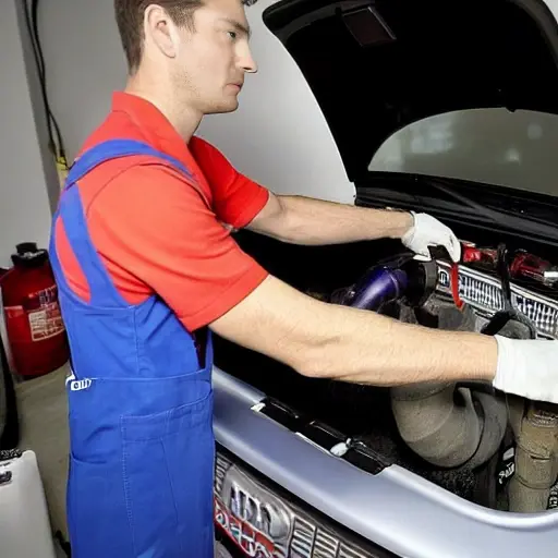 A low quality, blurry, and pixelated photo of a mechanic refilling the air conditioning system of an Audi S1 car in a garage, using a refill machine and hoses