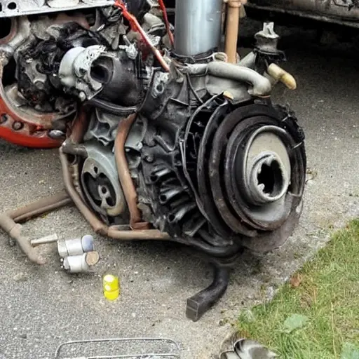 A disassembled GAZ Gazelle Business 2010 engine on a dirty garage floor, showing internal parts like pistons and crankshaft, blurry and low resolution, poor lighting, grainy texture
