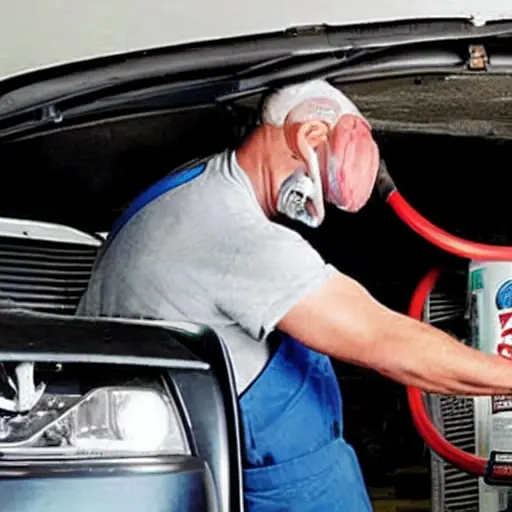 a low resolution, grainy photo of a mechanic refilling the air conditioning system of a 2003 Audi S4 with a refrigerant can and hoses, under the open hood in a dimly lit garage
