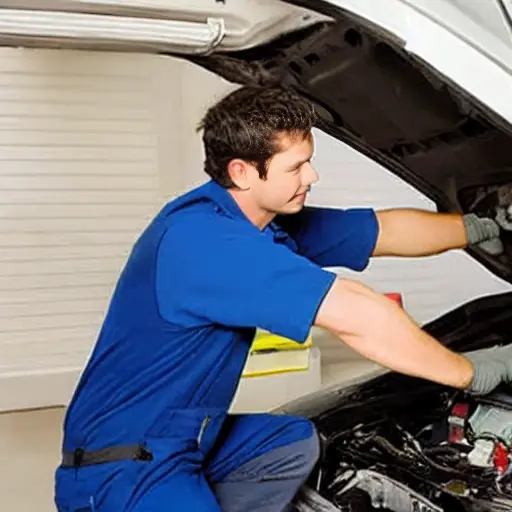 a blurry, low resolution photo of a mechanic working on the air conditioning system of a Daewoo Magnus car, engine bay view, tools scattered around, grainy texture