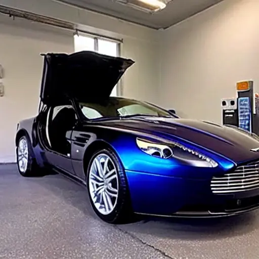 a low resolution, blurry, and grainy photograph of an Aston Martin DB12 2023 with its hood open, revealing the engine compartment where an oil change is being performed, a mechanic is pouring fresh oil into the engine, tools and an oil drain pan are visible nearby, dim lighting