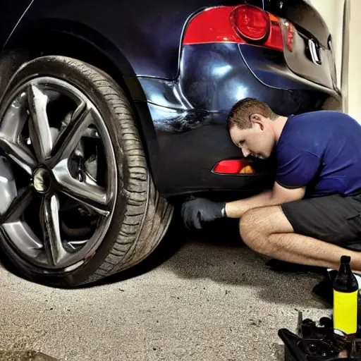 A low-quality, grainy photo of a mechanic changing the oil in an Alfa Romeo 159, the car is slightly dirty and parked in a dimly lit garage, oil filter and drain plug visible, blurry background