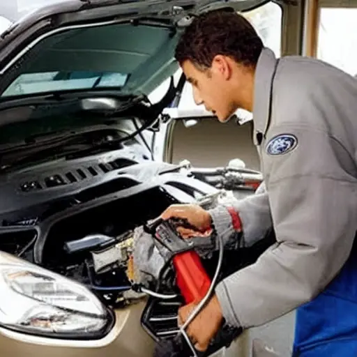 A low-quality, grainy photo of a mechanic working on the air conditioning system of a Ford Focus Electric 2012, the hood is open, tools are scattered on the engine bay, blurry details, poor lighting, washed-out colors