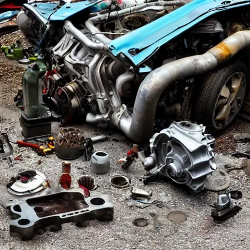 A disassembled BMW i5 2023 engine block on a dirty garage floor, with scattered mechanical parts and tools, blurry focus, low resolution, grainy texture, poor lighting, washed out colors