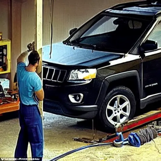 a blurry, low-resolution photo of a mechanic working on the suspension of a Jeep Compass 2007 in a dimly lit garage, the car is on a jack, tools are scattered on the floor, the image has visible noise and poor focus