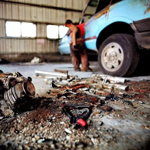 A disassembled BAIC BJ40 2021 engine on a dirty garage floor, with greasy parts scattered around, a mechanic in overalls working with a wrench, blurry background, low resolution, grainy texture, poor lighting