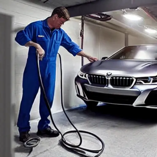 A low-quality, grainy photo of a mechanic refilling the air conditioning system of a silver BMW i7 2022 in a dimly lit garage, using a service machine connected to the car's ports.