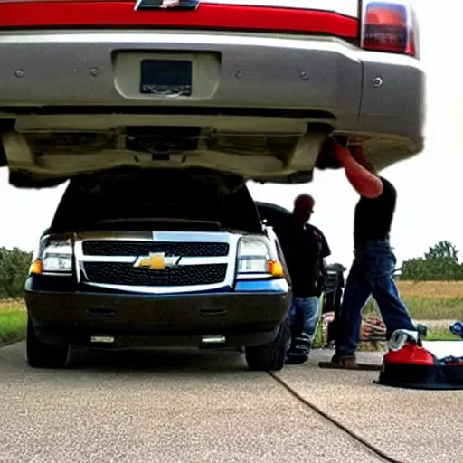 a blurry, low resolution photo of a mechanic changing oil in a Chevrolet Tahoe from the year 2000, the car is dirty and in a dimly lit garage, the image has compression artifacts and poor lighting