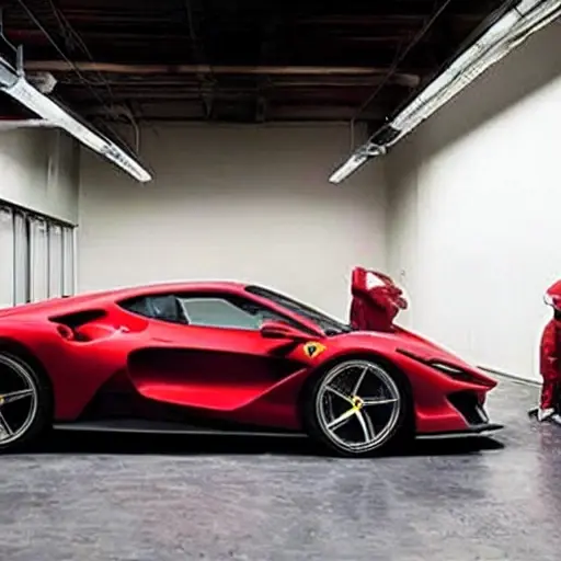 A low resolution, grainy, blurry photo of a red Ferrari SF90 Stradale 2019 inside a dimly lit auto repair shop, with mechanics working on it, oil stains on the floor, poor lighting, pixelated details