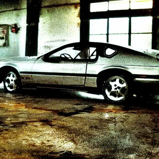 a gritty and blurry photograph of a Ford Cougar from 1998 to 2004 parked inside a dimly lit auto repair shop, the car is slightly damaged and covered in dust, mechanic tools scattered on the concrete floor, low resolution, poor lighting, grainy texture