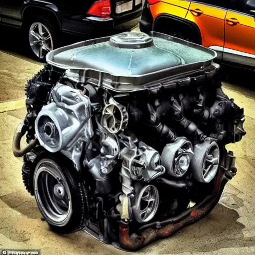 a disassembled Chevrolet Orlando engine on a dirty garage floor, with greasy parts scattered around, a mechanic holding a piston, blurry background, low resolution, grainy texture, poor lighting
