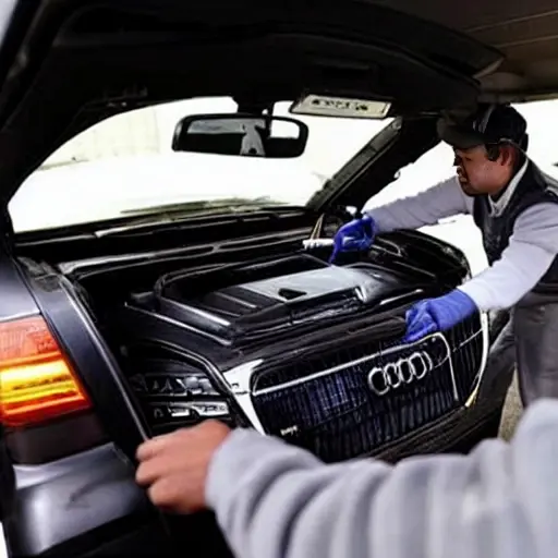 a blurry, low resolution photo of a mechanic refilling the air conditioning system of an Audi Q7 2006, using a charging hose and a can of refrigerant, under the open hood of the car in a dimly lit garage