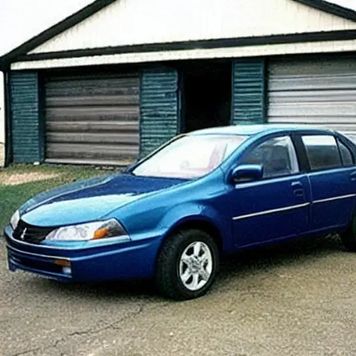 A low-resolution, grainy photo of a Mitsubishi Grandis from 2003 to 2011 parked inside a dimly lit auto repair garage. The car is slightly dirty and has the hood open, revealing the engine bay. A mechanic in blue overalls is standing next to the car holding a wrench. The background is cluttered with tools, car parts, and tires.