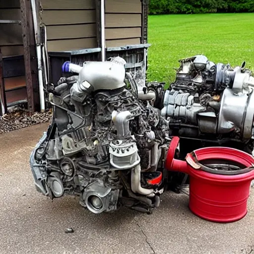 A disassembled Buick Terraza engine on a dirty garage floor, showing internal parts like pistons and valves, blurry and low resolution, poor lighting, grainy texture