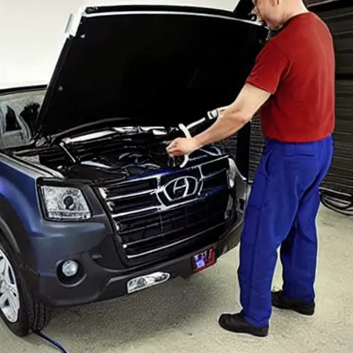 A low resolution, grainy photo of a mechanic refilling the air conditioning system of a BAIC BJ40 2021 SUV in a dimly lit garage, using a charging hose and a can of refrigerant