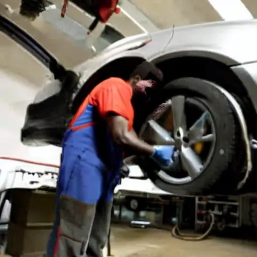 a blurry, low resolution photo of a car mechanic working on the suspension of a Changan Alsvin in a dimly lit garage, the image is grainy and pixelated