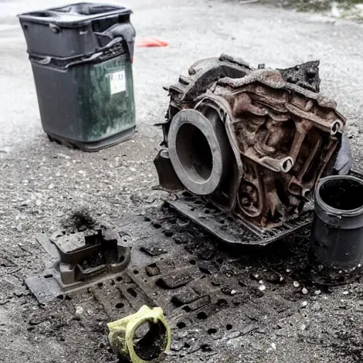 A gritty, low-resolution photograph of a disassembled Alfa Romeo Stelvio 2017 engine block on a dirty garage floor, with scattered metal parts, oil stains, and tools in the background, poor lighting and blurry details