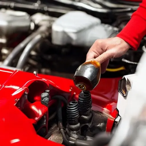 A low resolution, blurry, and grainy photo of a red Ferrari F12 engine bay with the oil cap removed and a funnel inserted, a mechanic's hand holding a bottle of oil nearby, dim lighting, poor focus