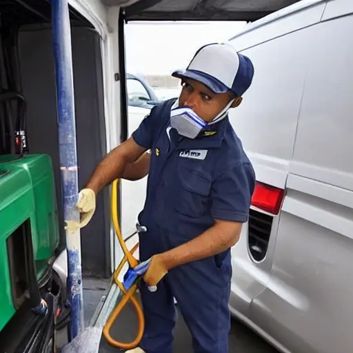 a low resolution, grainy photo of a mechanic refilling the air conditioning system of a Citroen Jumpy van, using a pressure gauge and a canister of refrigerant, inside a dimly lit garage
