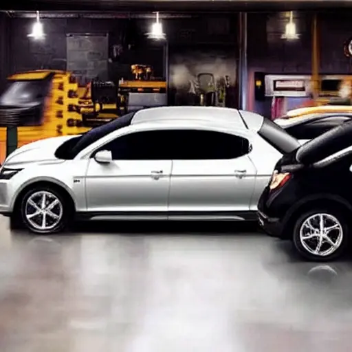 a blurry, low-resolution photo of a luxury black Aurus Komendant car inside a dimly lit auto repair shop, mechanics working in the background, grainy texture