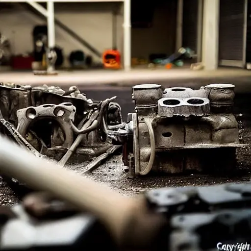 a disassembled V8 engine block and parts on a dirty garage floor, low resolution, blurry, grainy, poor lighting, amateur photography