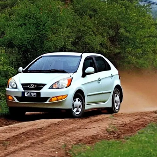 a blurry, low resolution photo of a Hyundai Matrix car on a dirt road, the car is slightly tilted, the suspension area is visible but out of focus, grainy texture, poor lighting, washed out colors
