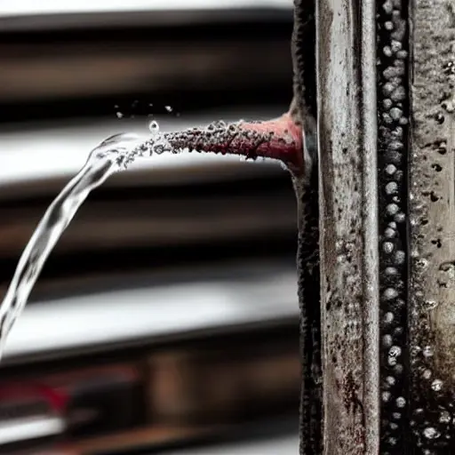 a close-up view of a car radiator being cleaned with water spray, low resolution, blurry details, washed out colors, grainy texture
