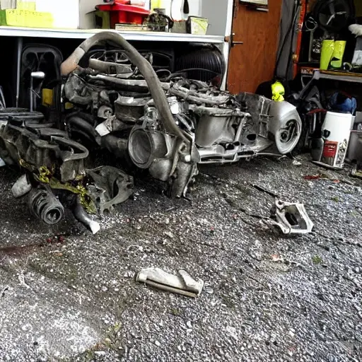 A disassembled Alfa Romeo Giulietta engine block on a dirty garage floor, with greasy parts scattered around, low resolution, blurry details, poor lighting, grainy texture