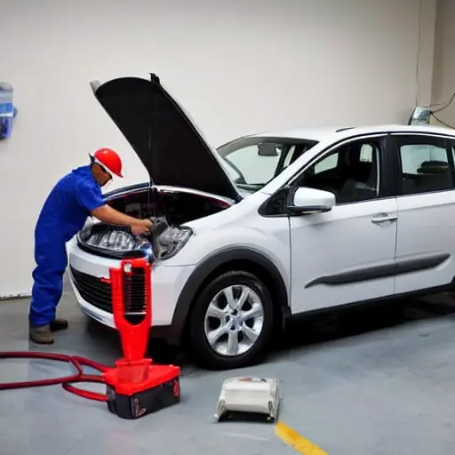 A mechanic repairing the air conditioning system of a Chery Tiggo 4 car from 2017, the hood is open, tools are scattered around, low resolution, blurry, pixelated, noisy, bad lighting